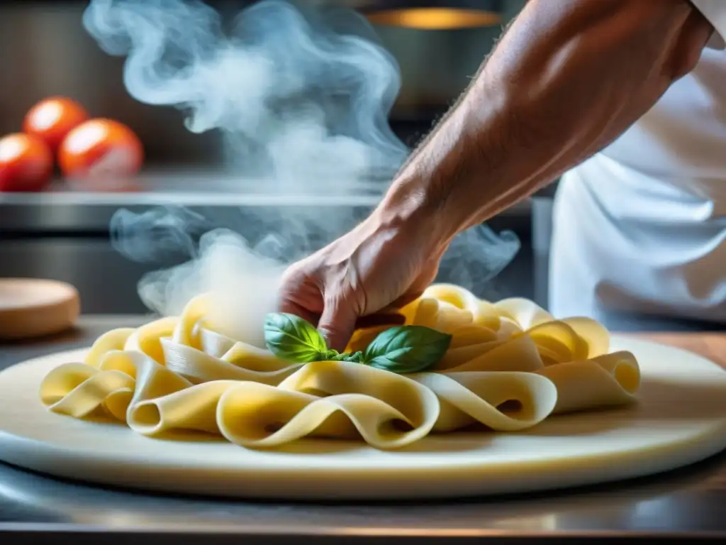 Ernesto Iaccarino diseñando cocina italiana con maestría, mezclando pasta a mano en cocina vibrante