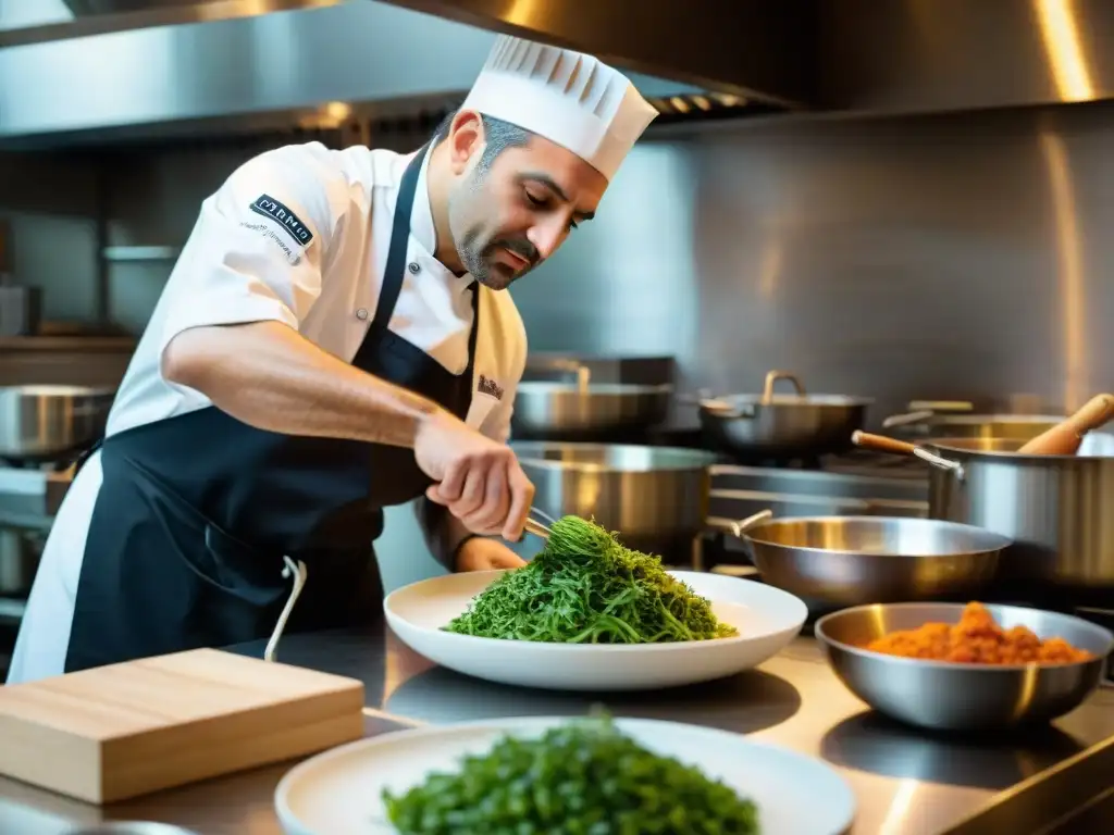 Ernesto Iaccarino diseñando una exquisita receta italiana en su cocina de renombre, rodeado de ingredientes frescos y un equipo armonioso