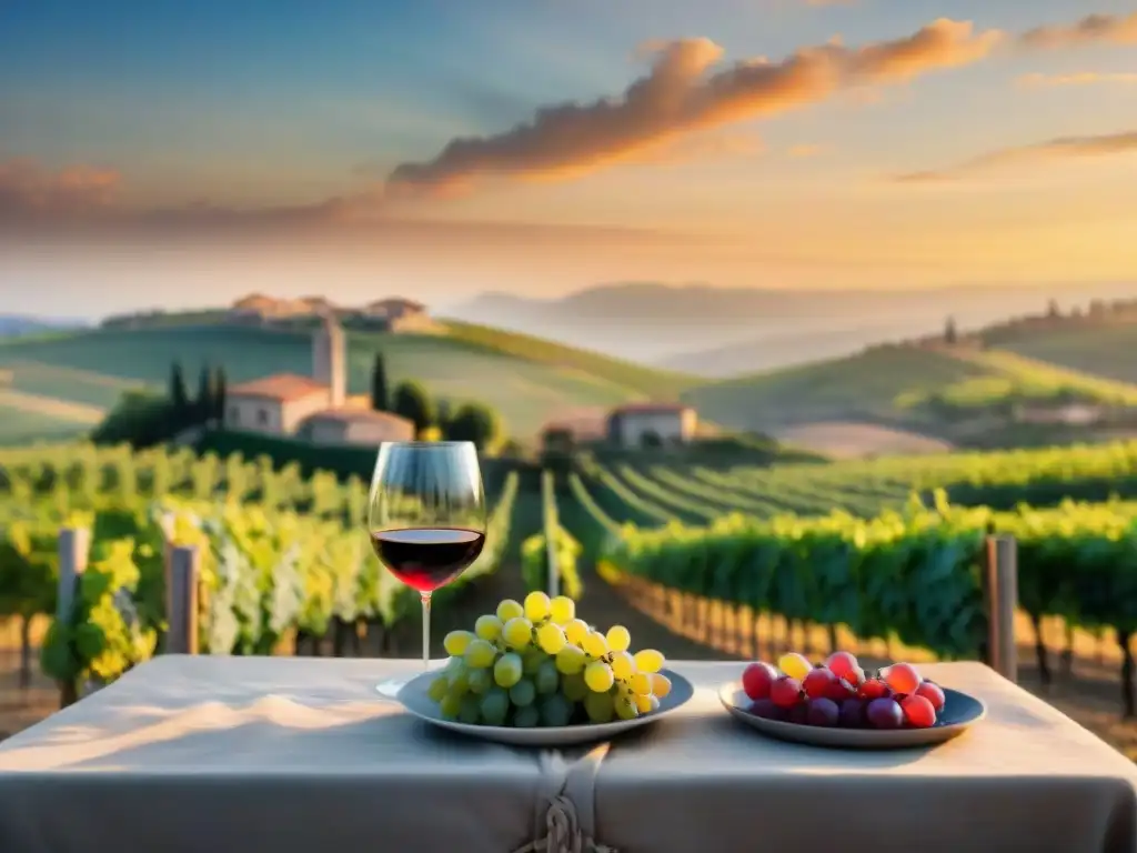 Escapada romántica en viñedos italianos al atardecer, mesa para dos con vino y velas, evocando tranquilidad y romance