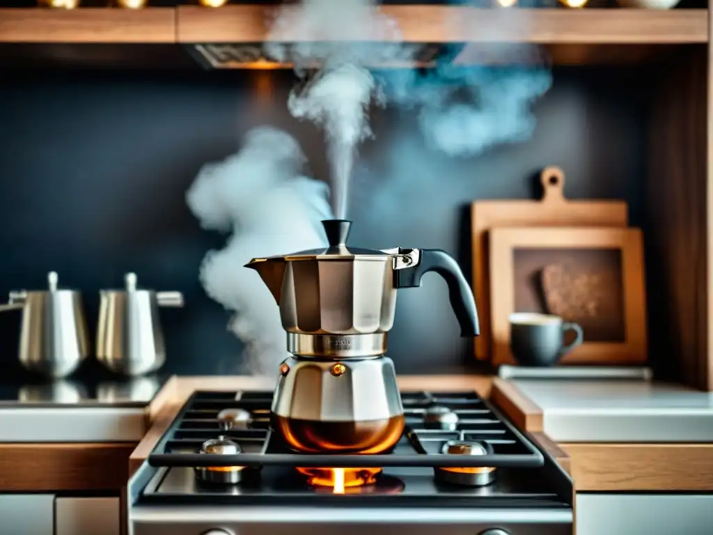 Escena acogedora de una cafetera italiana en una cocina rústica llena de gadgets para preparar espresso en casa