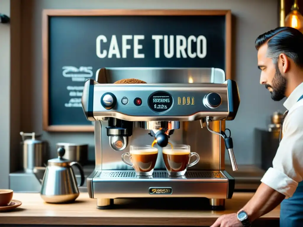 Una escena acogedora en una cafetería italiana: una máquina de espresso tradicional brillante, barista preparando café y ambiente vintage