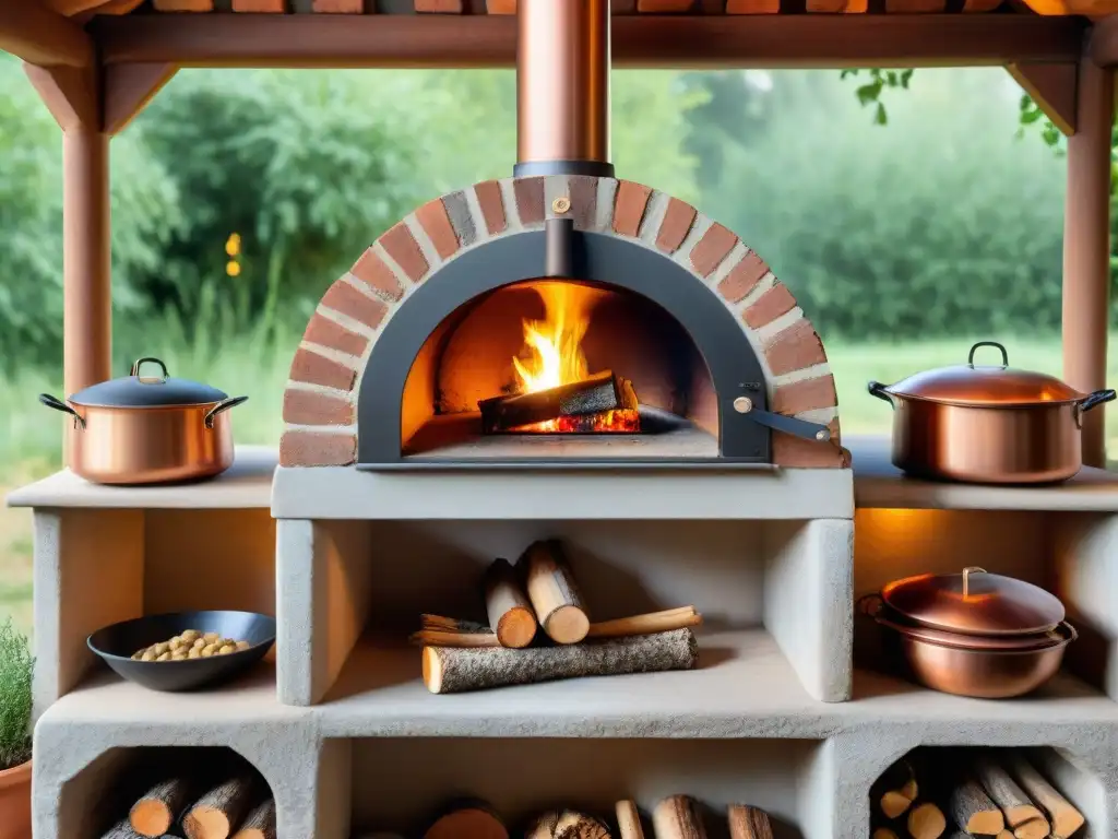 Escena acogedora de cocina al aire libre con horno de leña tradicional, cocción lenta y sabores naturales