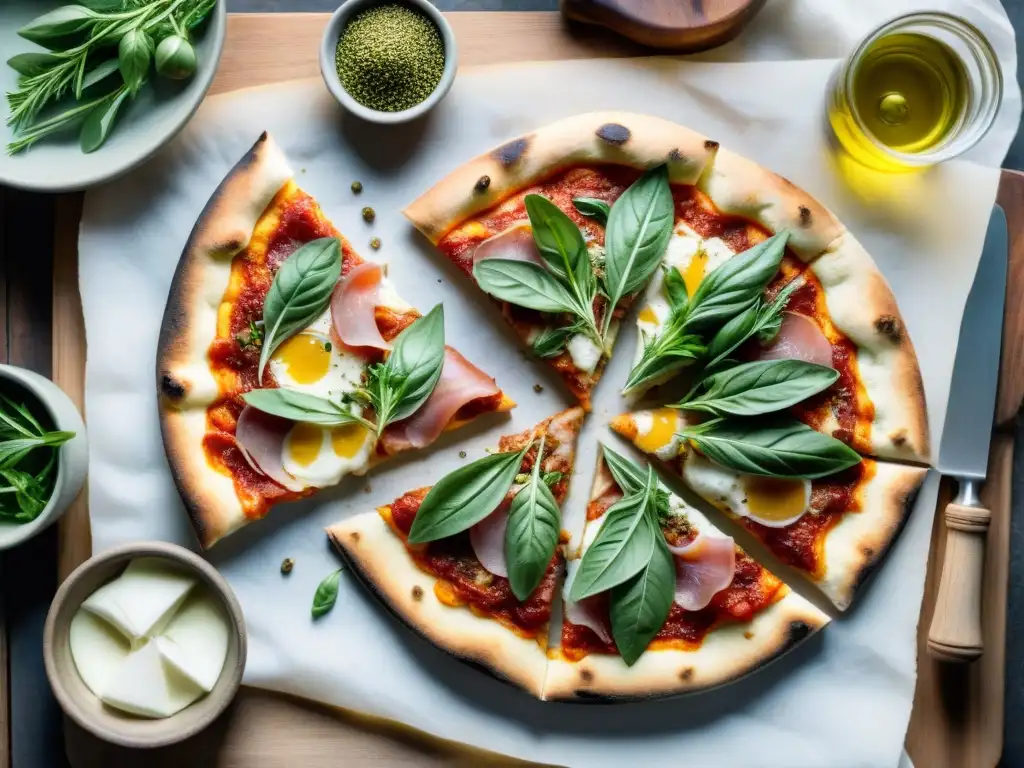 Una escena acogedora en una cocina italiana con pizzas artesanales recién horneadas y ingredientes gourmet