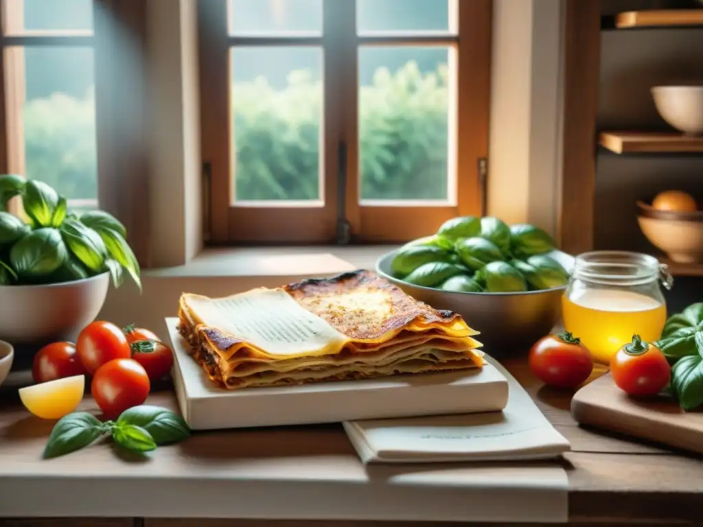 Escena acogedora de cocina italiana con libros de cocina y receta de lasaña escrita a mano