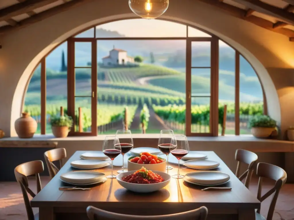 Escena acogedora de una cocina italiana en viñedo con mesa de madera larga y platos típicos