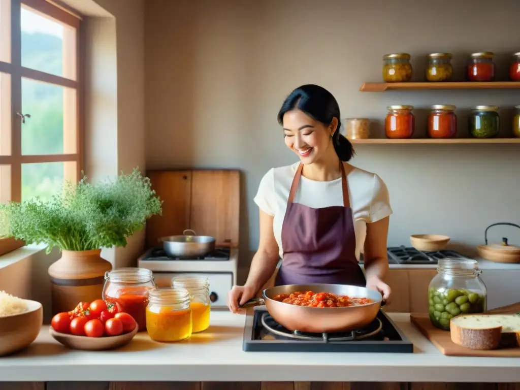 Escena acogedora en cocina italiana con alimentos fermentados