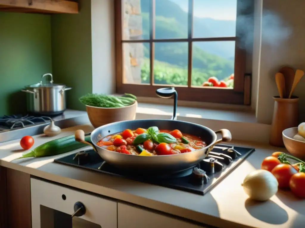 Escena acogedora de cocina italiana rústica con verduras frescas para una receta auténtica sopa minestrone italiana