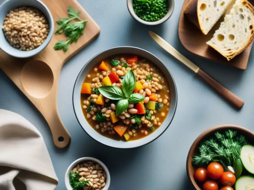 Escena acogedora de cocina italiana: receta sopa farro italiana vegetariana con ingredientes frescos y libro de cocina abierto