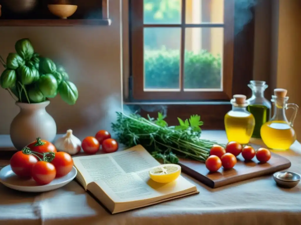 Escena acogedora de cocina italiana con ingredientes tradicionales y receta casera Osso Buco italiano