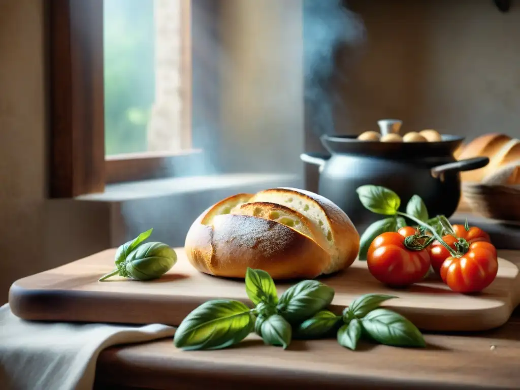 Escena acogedora de cocina italiana tradicional con guiso de pan italiano tradicional