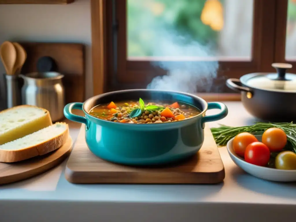 Una escena acogedora de una cocina italiana tradicional con una olla de sopa de lentejas, utensilios de cocina y hierbas frescas