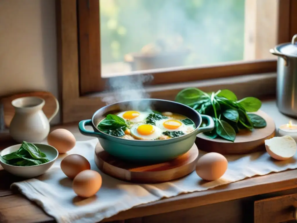 Una escena acogedora en la cocina con una mesa de madera rústica, ingredientes frescos y una olla de Sopa italiana Stracciatella receta tradicional