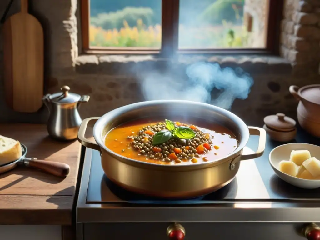 Una escena acogedora en una cocina rústica de la Toscana, Italia, con una olla humeante de sopa de lentejas italiana tradicional en la estufa vintage