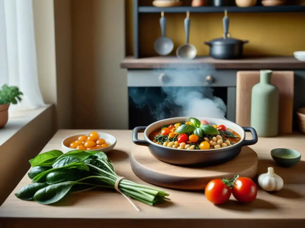 Una escena acogedora de cocina rústica con un guiso vegetariano italiano con acelgas en mesa de madera vintage