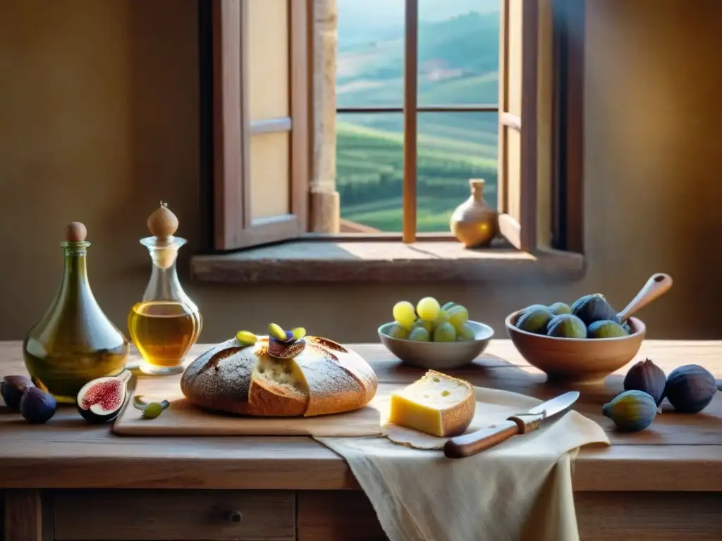 Escena acogedora de cocina toscana con pecorino toscano, pan recién horneado, higos y miel, bañada por cálida luz solar