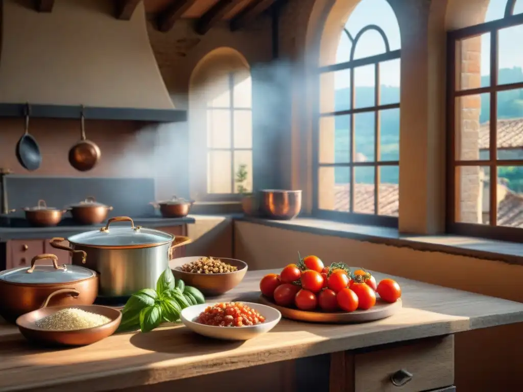 Escena acogedora de cocina toscana en Siena, Italia, con platos típicos y utensilios de cobre