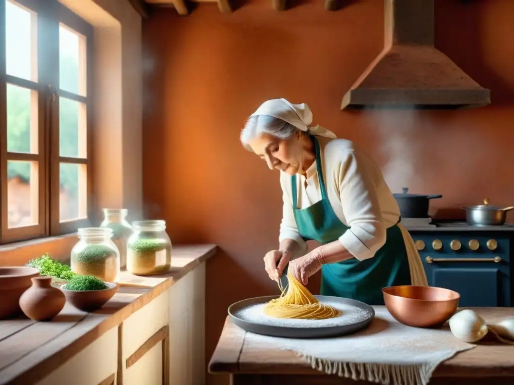 Escena acogedora de cocina tradicional en el campo italiano con nonna haciendo pasta fresca a mano