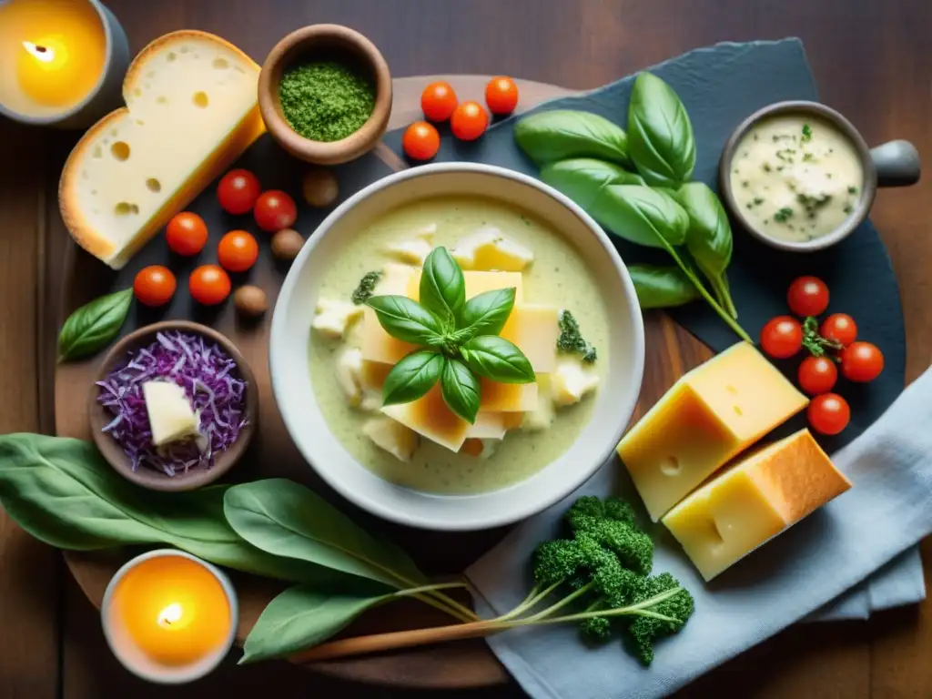 Escena acogedora de fondue queso pesto receta italiana con verduras frescas y pan, iluminada por velas