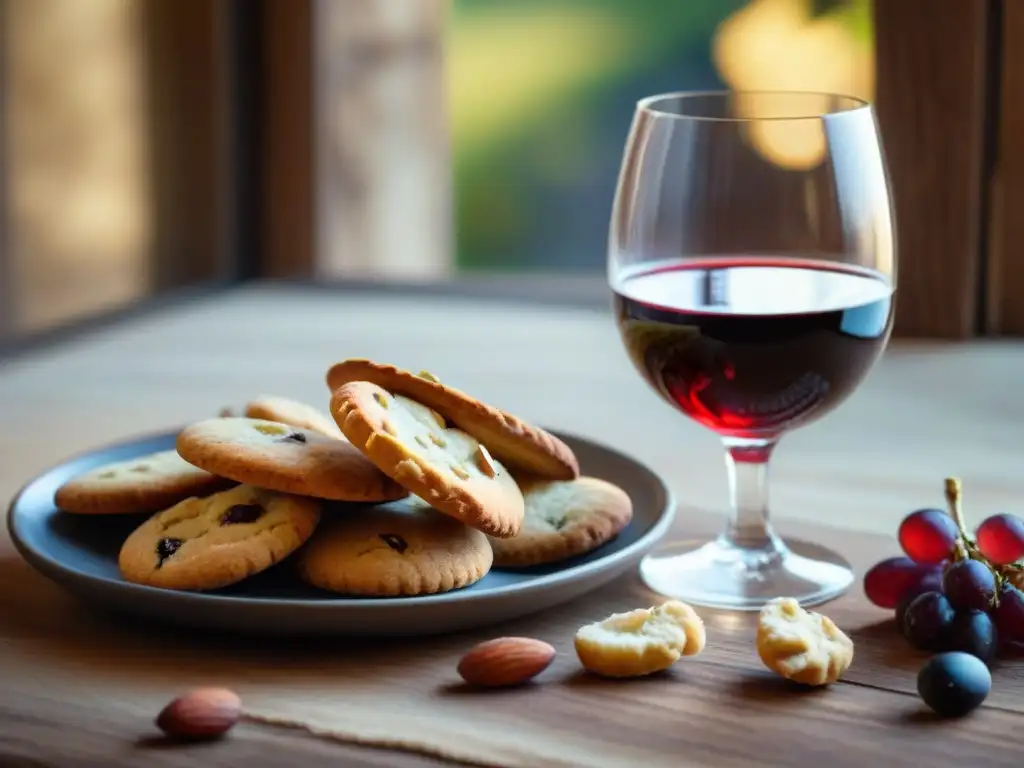 Una escena acogedora de una mesa rústica con cantucci toscanos, vino tinto y frutos secos