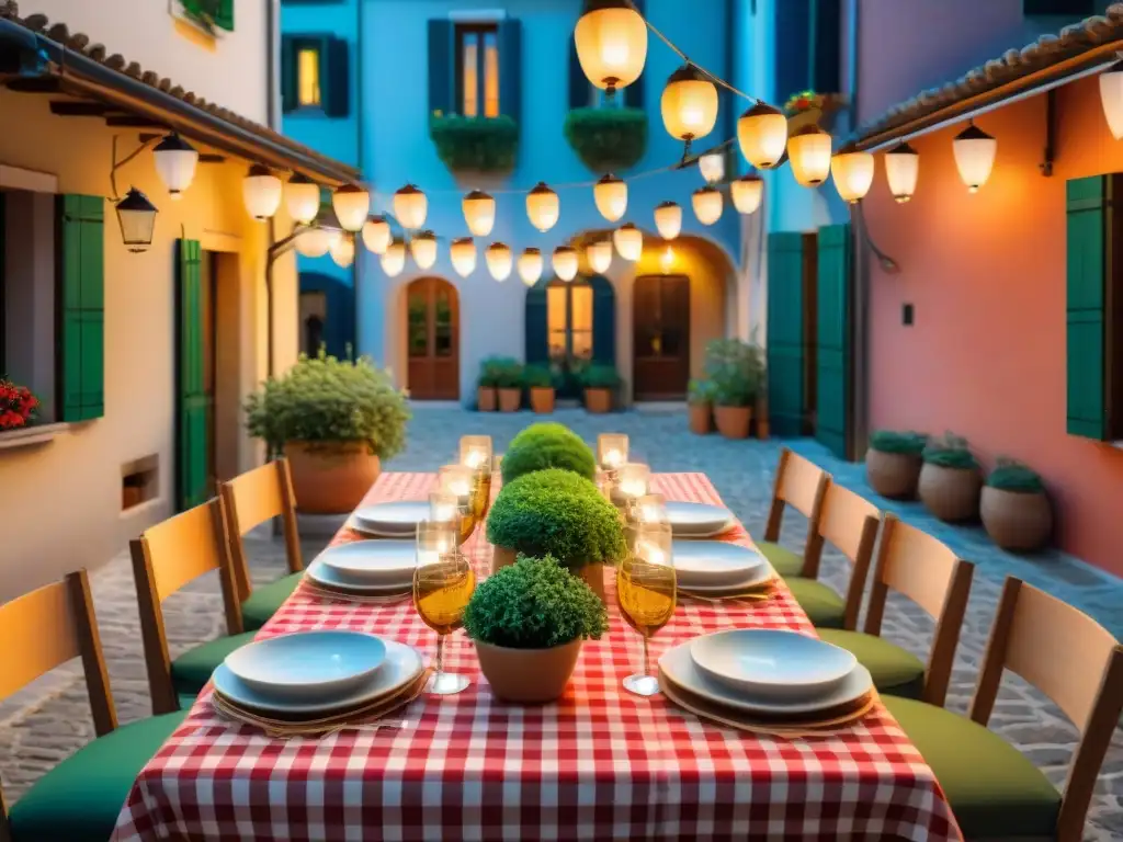 Una escena acogedora de una tradicional cena italiana en un vecindario, mostrando la tradición de compartir comida y corazones abiertos