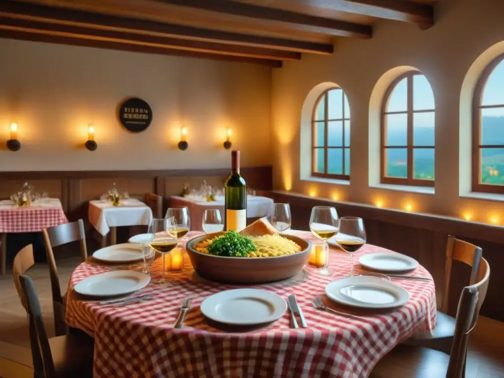 Escena acogedora en trattoria italiana con mesa larga de madera, comida italiana y botellas de vino