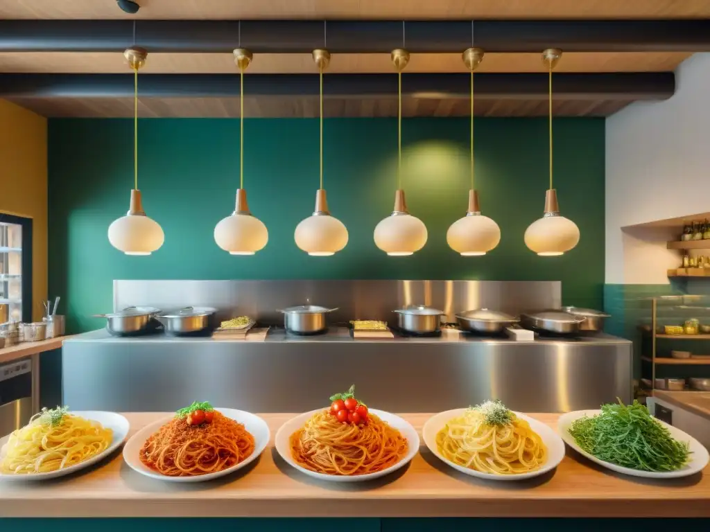 Una escena animada en un bullicioso bar de pasta, chefs expertos girando espaguetis en el aire, salsas burbujeantes en fogones, comensales riendo y disfrutando en mesas de madera rústica con manteles de cuadros