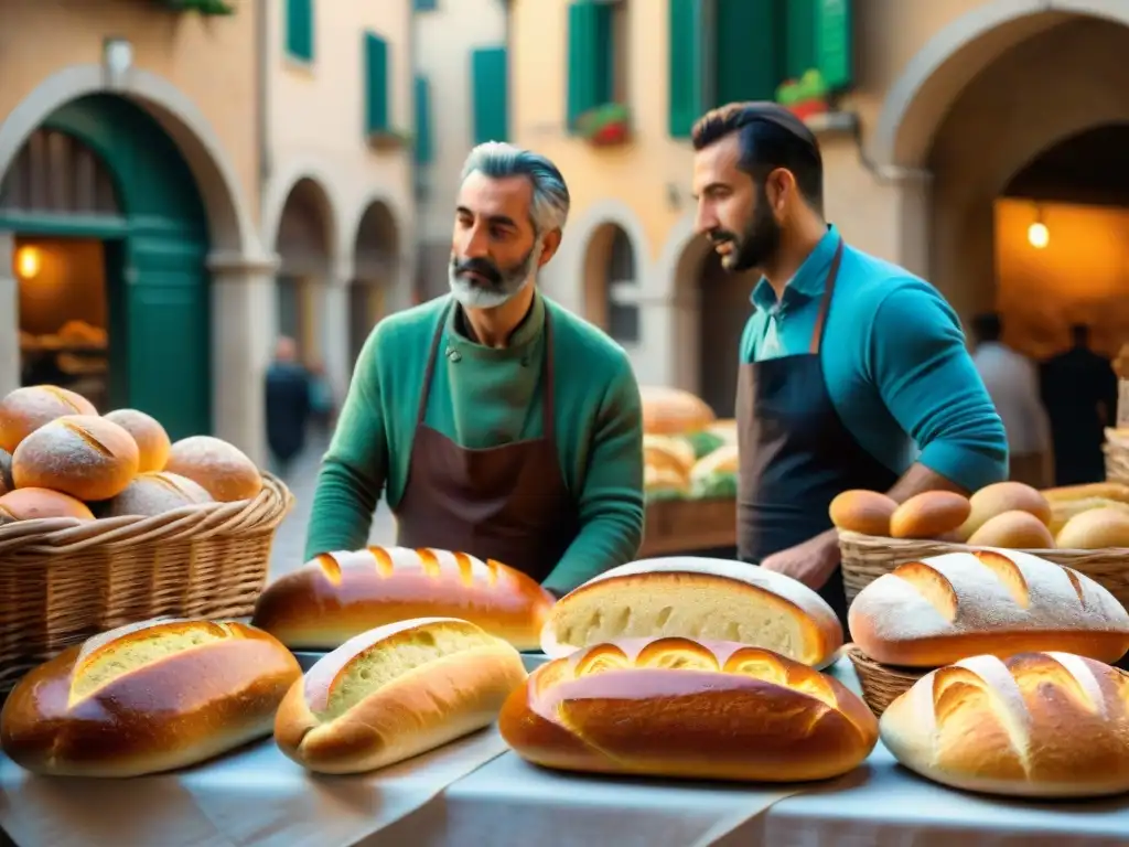 Una escena animada de un bullicioso mercado italiano en el siglo XVIII, con una variedad de pan recién horneado en venta por vendedores locales