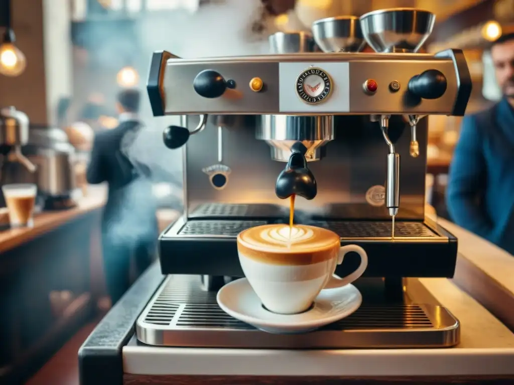 Escena animada en un café italiano tradicional, con baristas preparando espresso detrás de una máquina vintage mientras los clientes disfrutan de su café en mesas de mármol