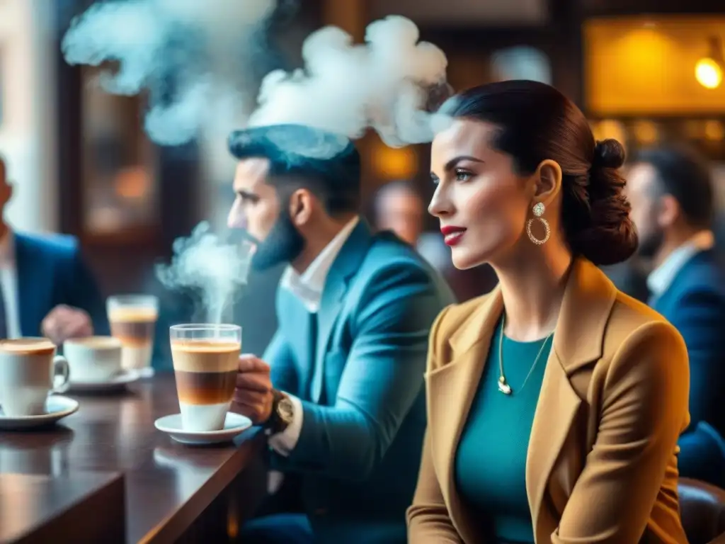 Escena animada de un café milanés con elegante vínculo entre espresso y moda