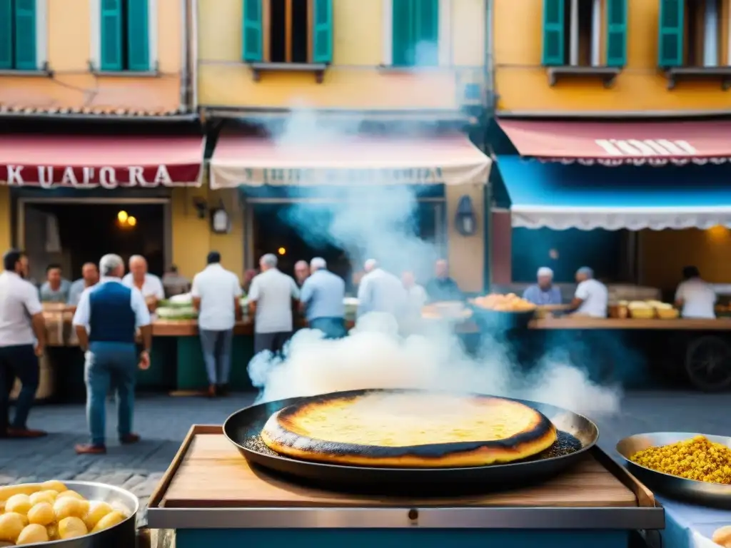 Escena animada en una calle de Liguria, Italia, con una auténtica receta de farinata