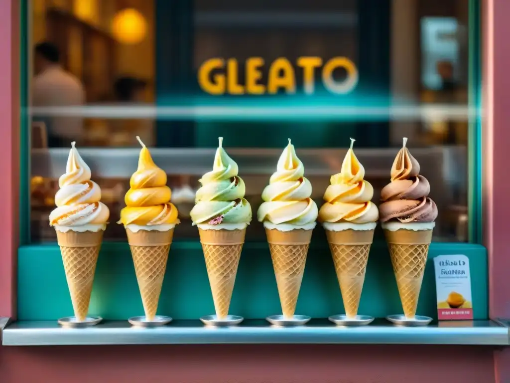 Escena vibrante: Delicias de gelato en una calle italiana histórica Escena animada en una calle italiana llena de tiendas de gelato coloridas y gente disfrutando de conos de helado