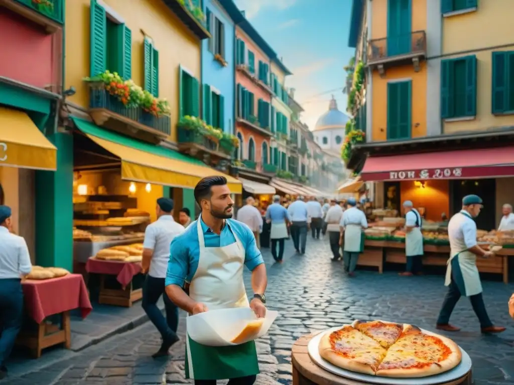 Escena animada de una calle en Nápoles, Italia, con pizzerías tradicionales y chefs lanzando masa de pizza al aire