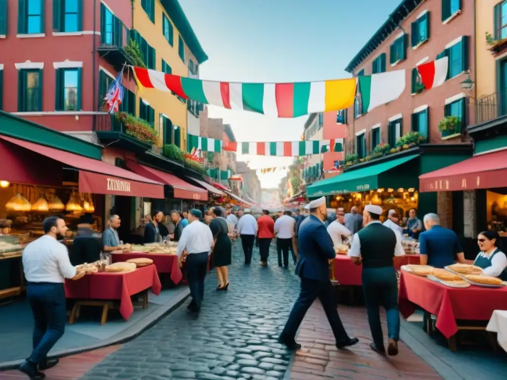 Escena animada de una calle en Little Italy con restaurantes étnicos cocina italiana, banderas coloridas y cocineros preparando pasta al aire libre