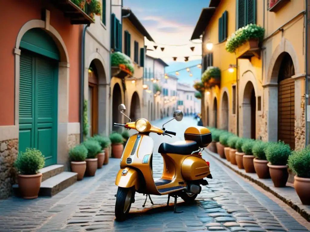 Escena animada en una calle de la Toscana con restaurantes, Panigacci tradicion Toscana calle y una Vespa vintage