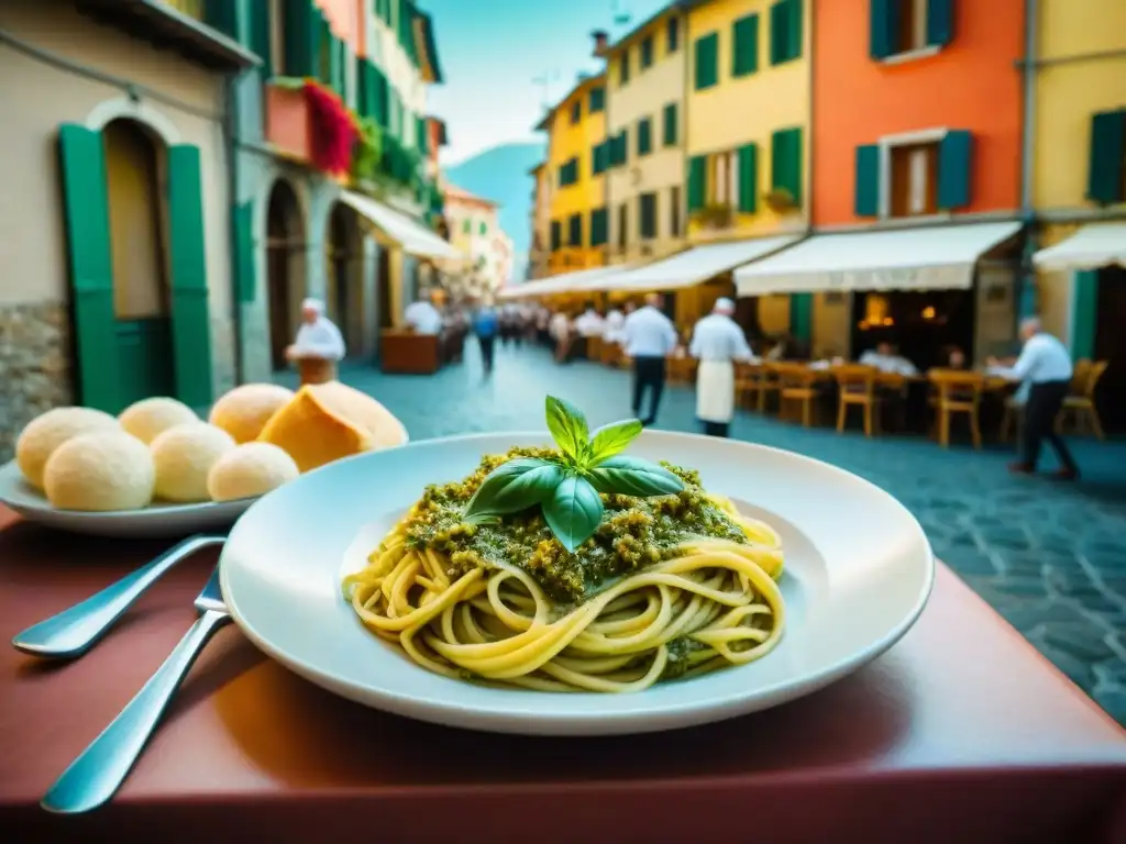 Escena animada en las calles de Liguria, Italia, destacando el papel del Pesto en Liguria