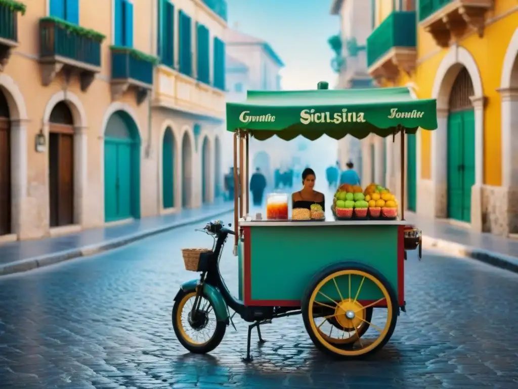 Escena animada en Sicilia con una carreta de granita tradicional y colorida