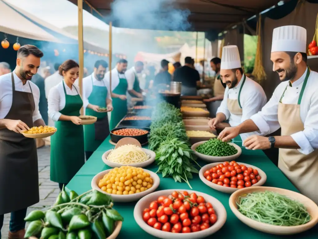 Escena animada de festival de comida italiana con ingredientes frescos y vibrantes