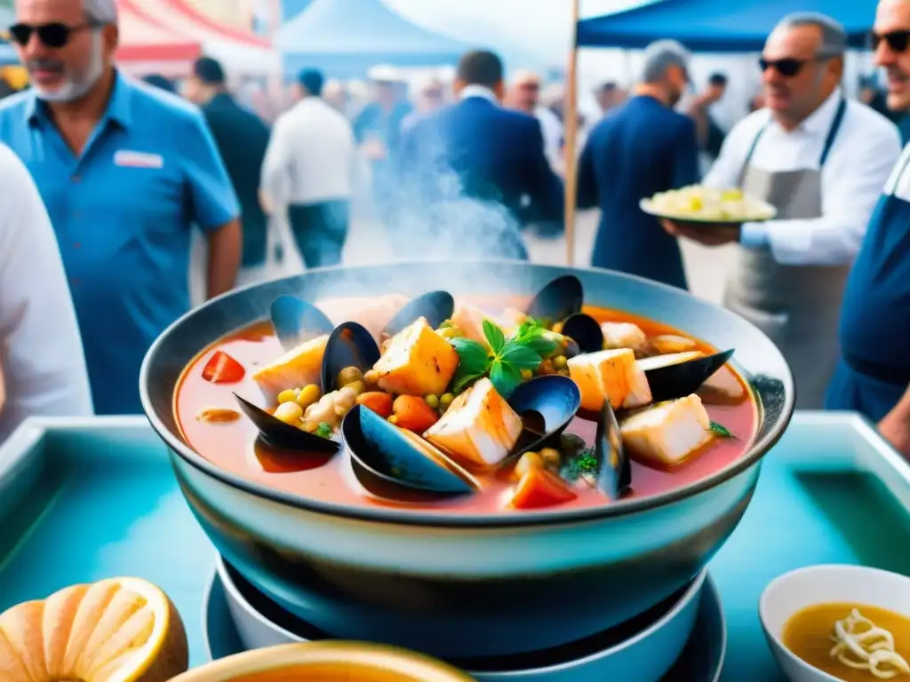 Escena animada del Festival Sopa Pescado San Vito en Sicilia: puestos coloridos, chefs preparando sopa y multitud disfrutando