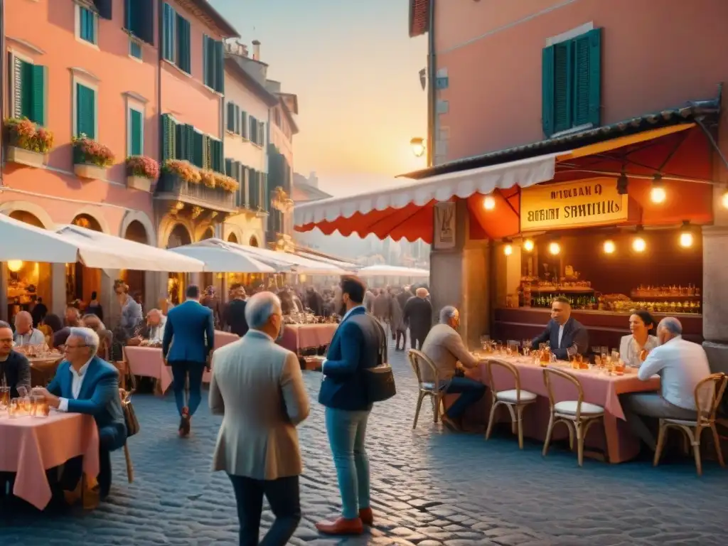 Escena animada en una piazza italiana al atardecer, con locales y turistas disfrutando del aperitivo