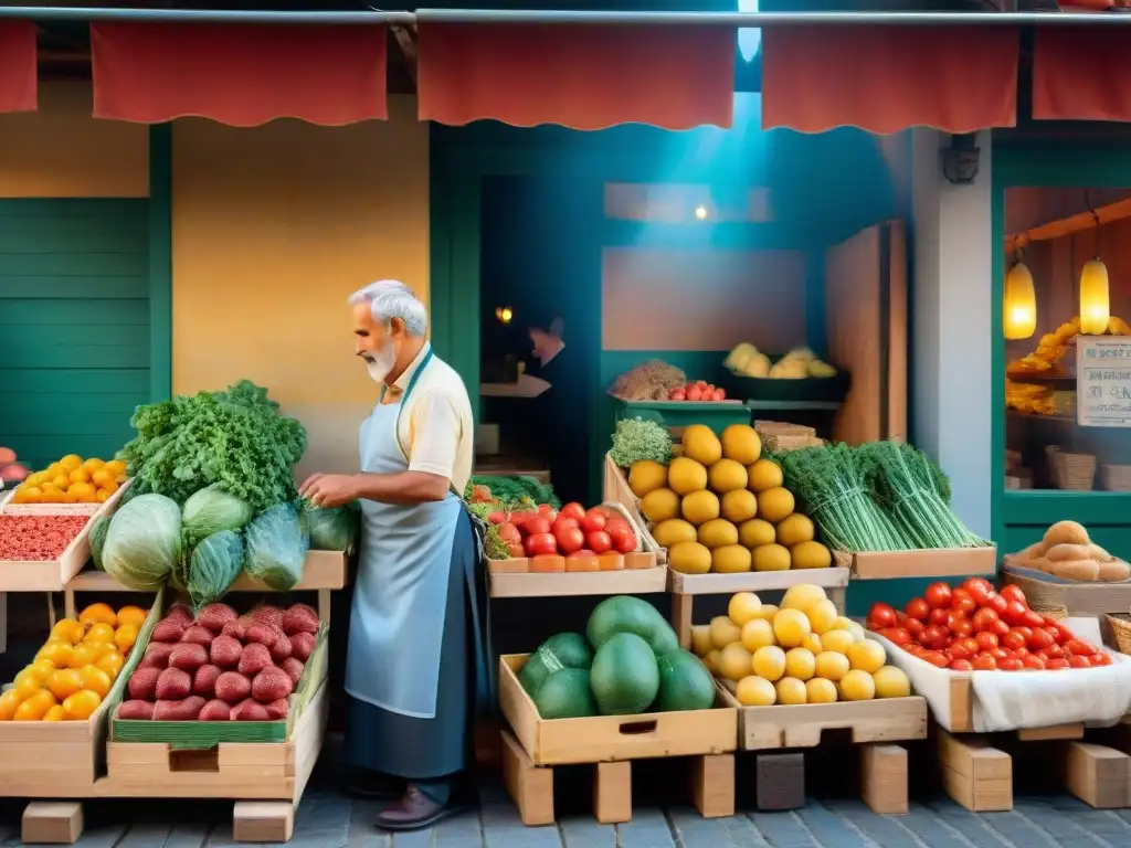 Escena animada de un mercado italiano al aire libre al amanecer, con productos vibrantes en puestos de madera