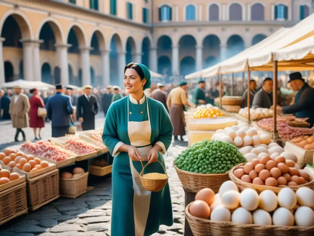 Escena animada en un mercado romano de los años 50, con ingredientes clave para una auténtica carbonara