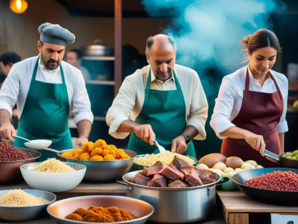 Una escena animada de mercado en Sardinia con platos a base de cerdo, chefs y clientes disfrutando