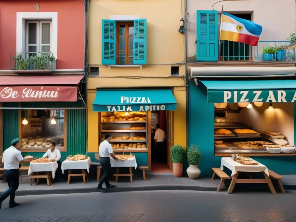 Escena animada de una pizzería tradicional en Buenos Aires con influencia de cocina italiana en Argentina