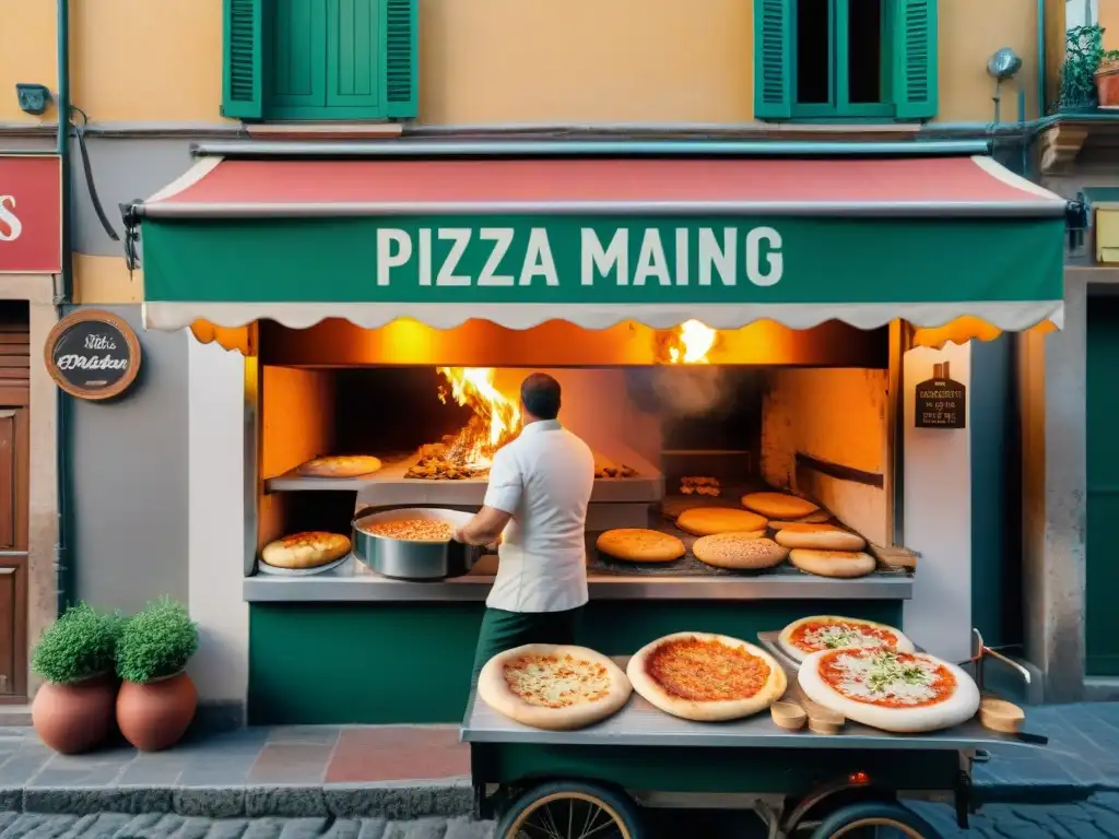 Una escena animada en una pizzería tradicional de Nápoles, Italia, donde chefs expertos lanzan masa de pizza al aire