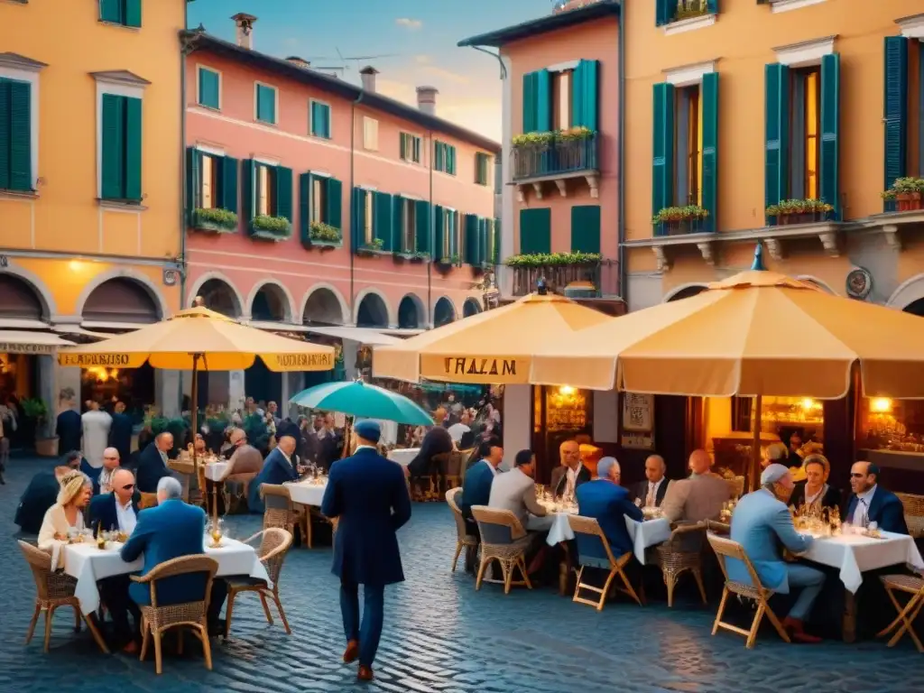 Escena animada de una plaza italiana en la hora dorada, con gente disfrutando de aperitivos en cafés al aire libre bajo sombrillas coloridas