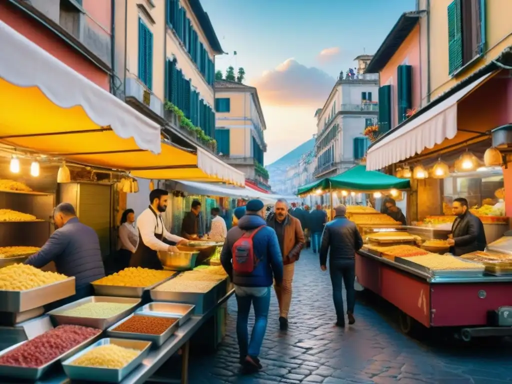 Escena animada en Nápoles, Italia, con puestos de Pasta Cresciuta receta tradicional, vapor y arquitectura histórica