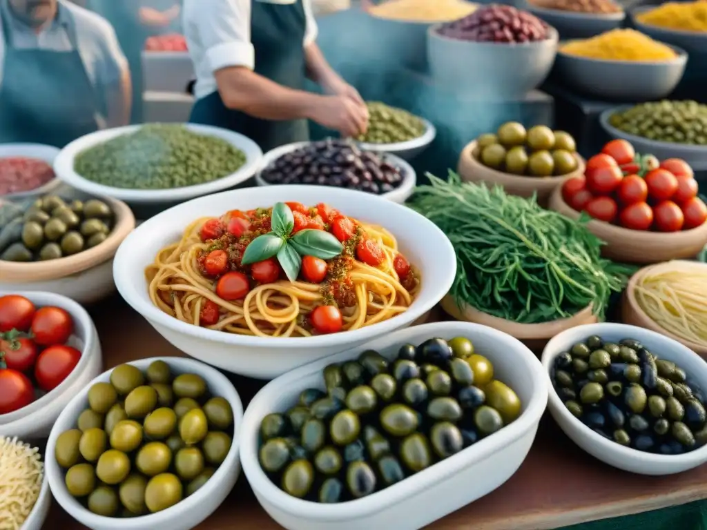 Vivid escena de un animado mercado italiano de mediados del siglo XX, con ingredientes clave de la Historia Spaghetti alla Puttanesca