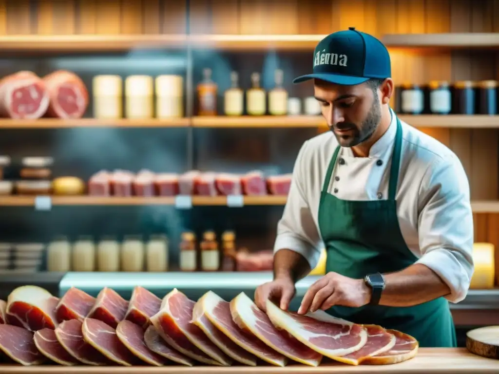 Escena auténtica en una charcutería italiana, maestro cortando finas capas de Jamón de Parma