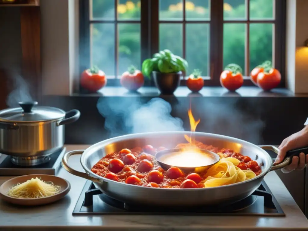 Escena auténtica de cocina italiana con los mejores electrodomésticos y chef preparando pasta fresca a mano