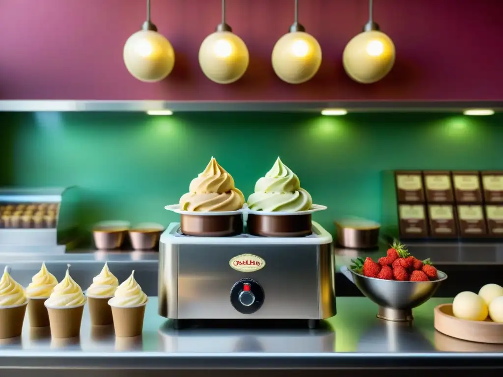 Escena auténtica en una heladería italiana con un maestro heladero creando gelato cremoso